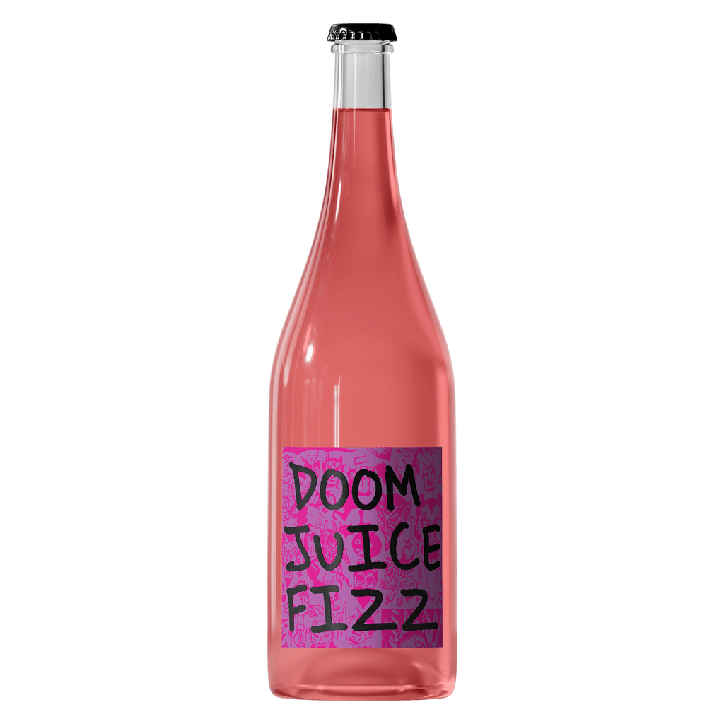 Pink bottle labeled 'Doom Juice Fizz' on a transparent background