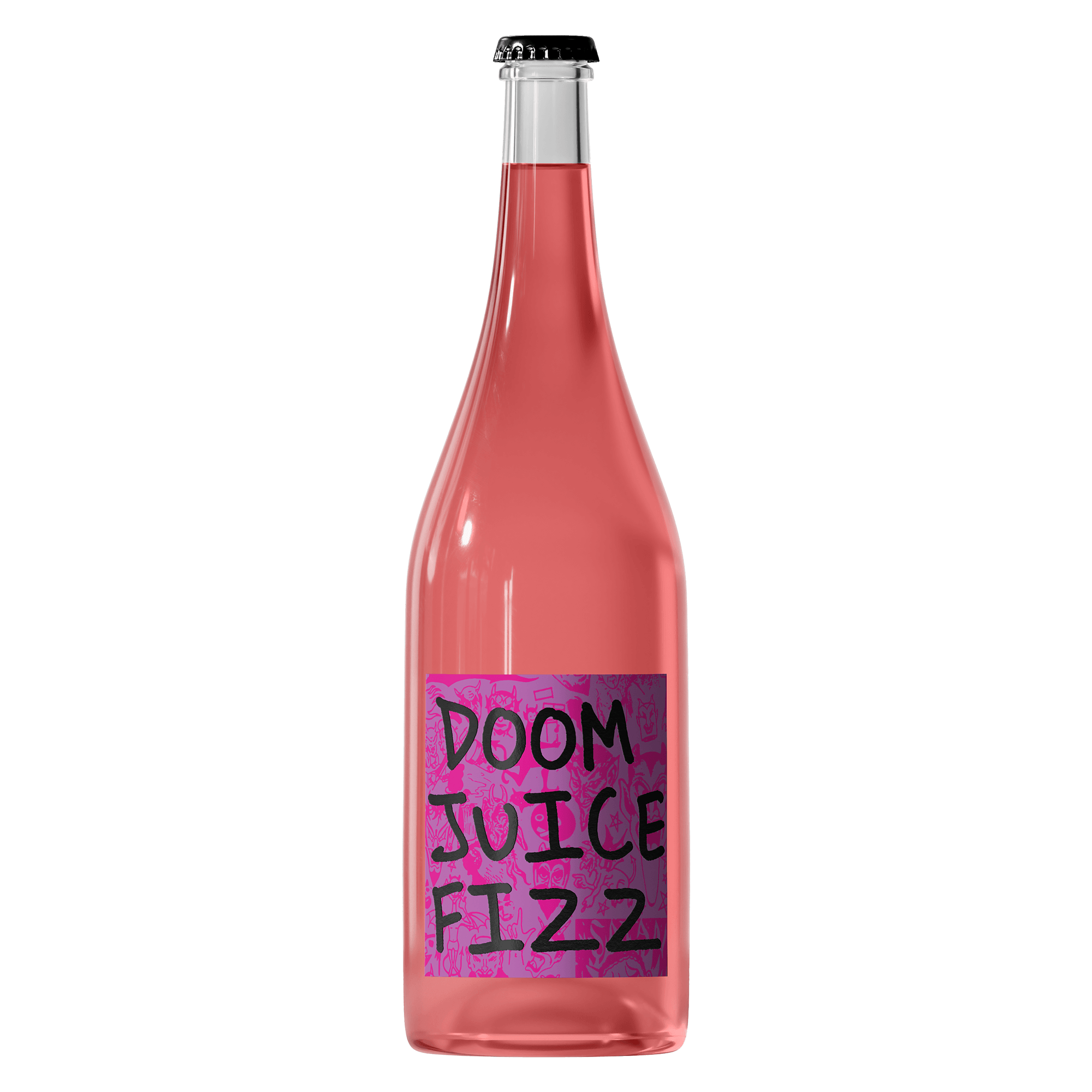 Pink bottle labeled 'Doom Juice Fizz' on a transparent background