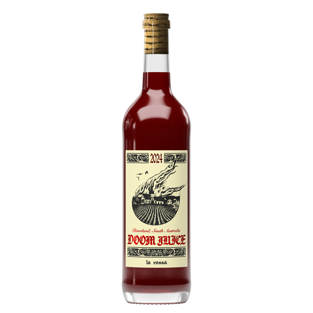 Bottle of Doom Juice 2024 with a cork cap on a white background