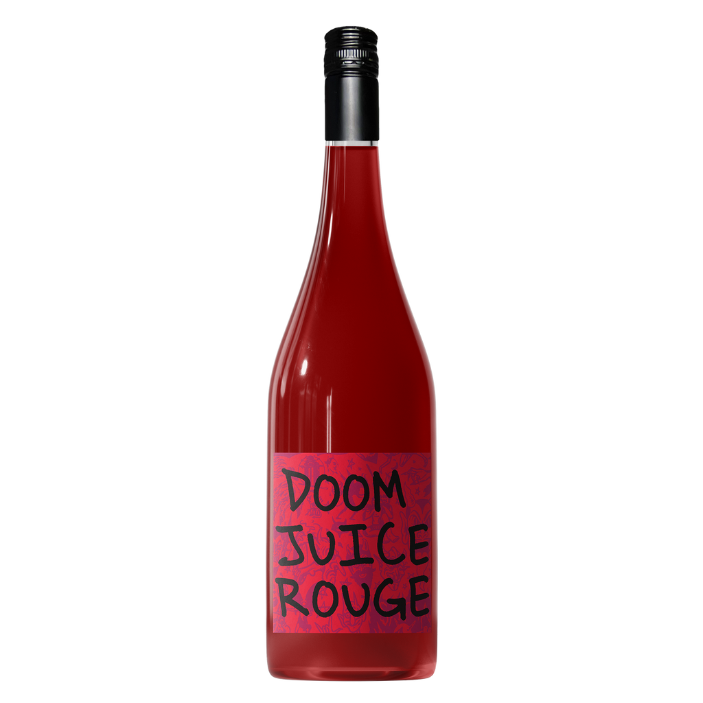 Red wine bottle labeled 'Doom Juice Rouge' on a transparent background