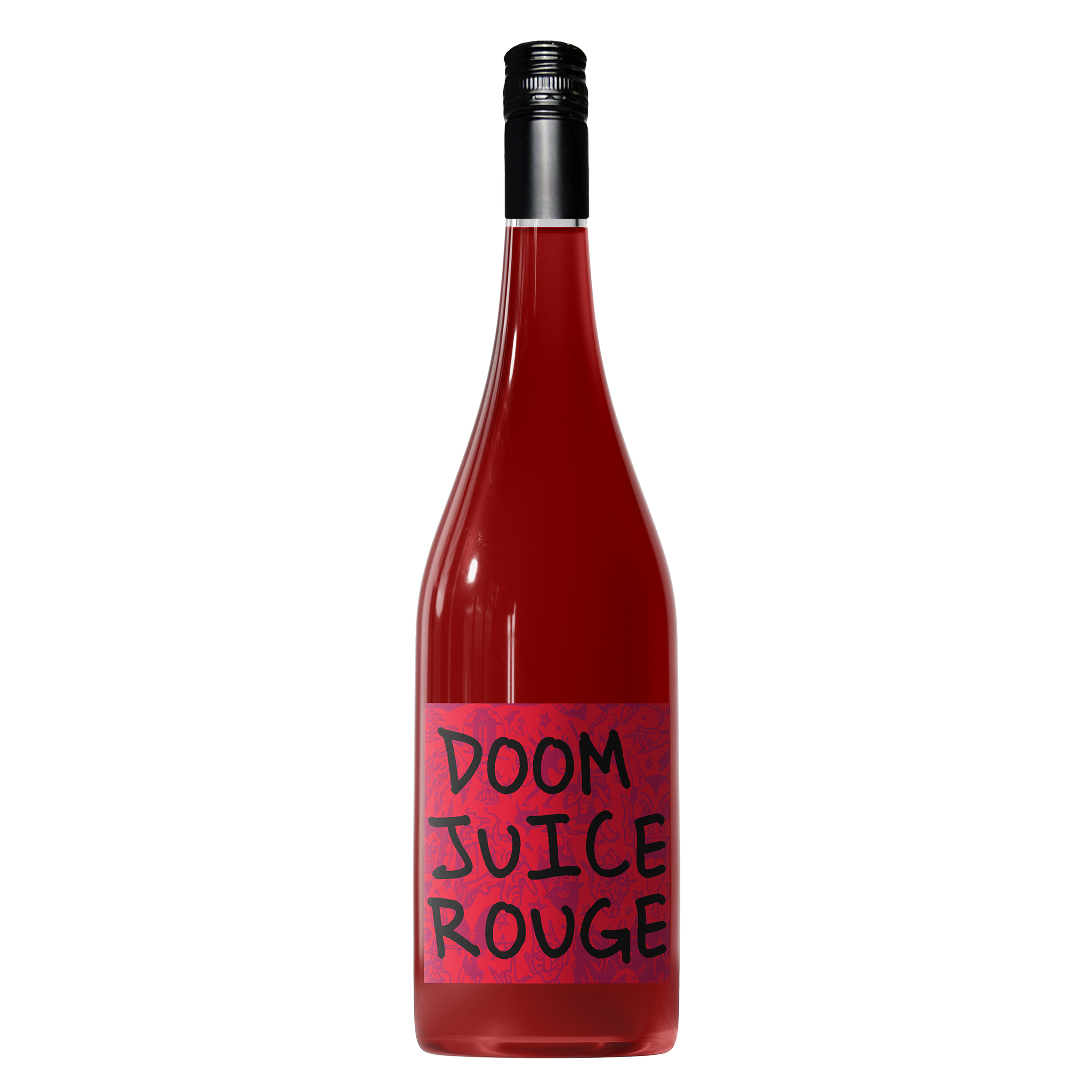 Red wine bottle labeled 'Doom Juice Rouge' on a transparent background