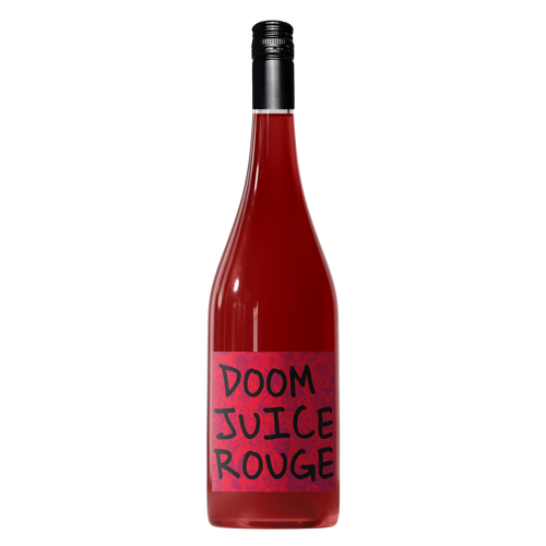 Red wine bottle labeled 'Doom Juice Rouge' on a transparent background