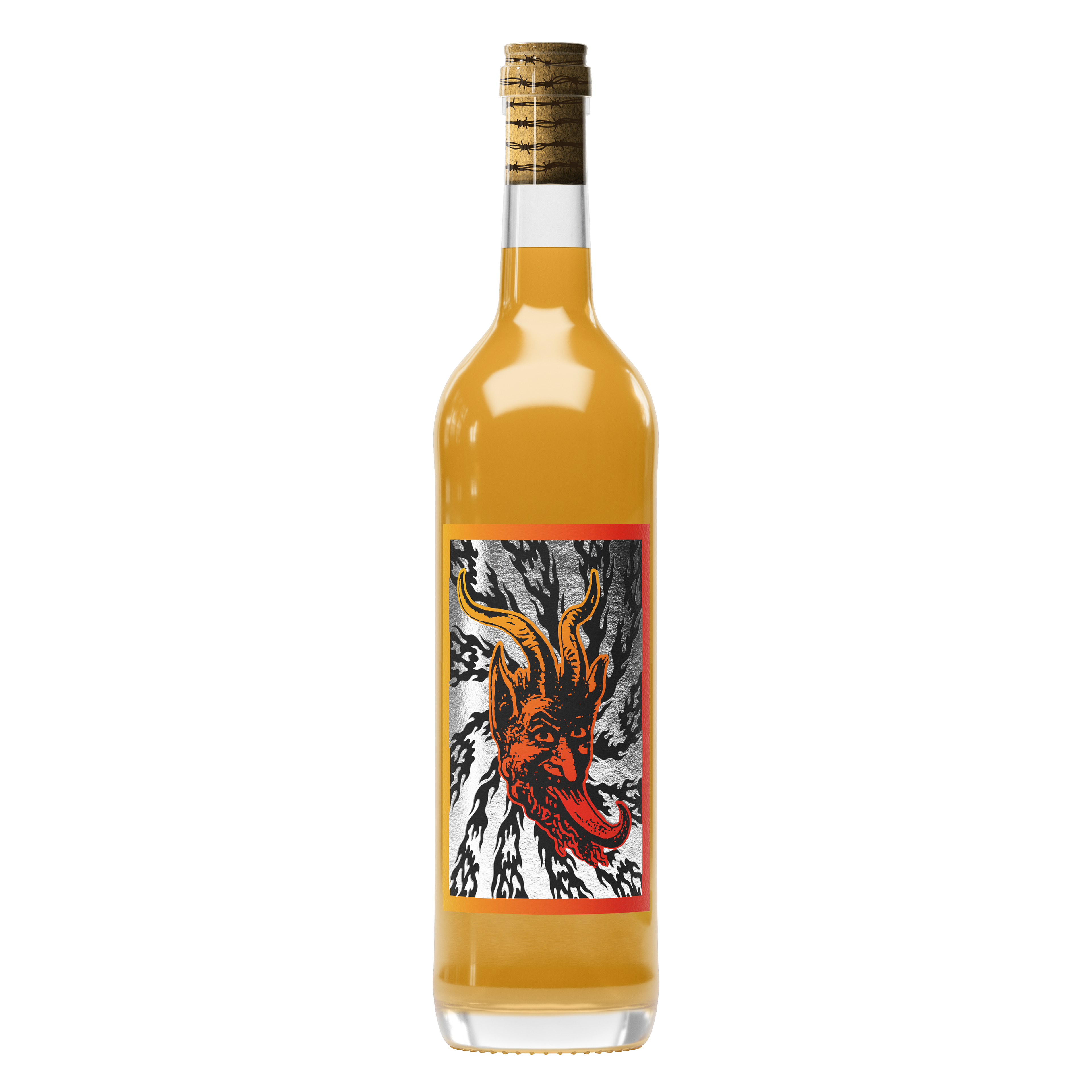 Bottle of Doom Juice wine with a decorative label on a transparent background