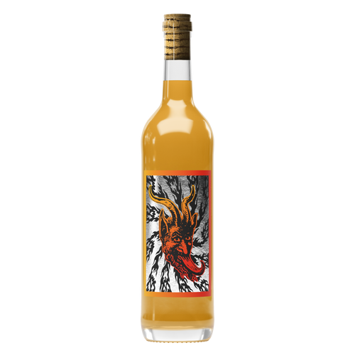 Bottle of Doom Juice wine with a decorative label on a transparent background