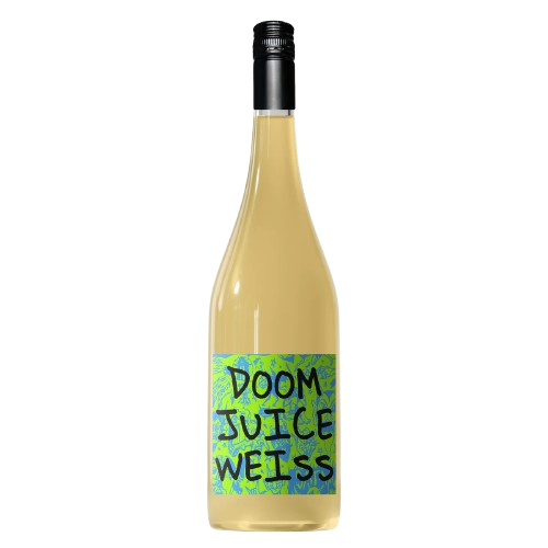 Bottle of Doom Juice Weiss wine with a colorful label on a transparent background