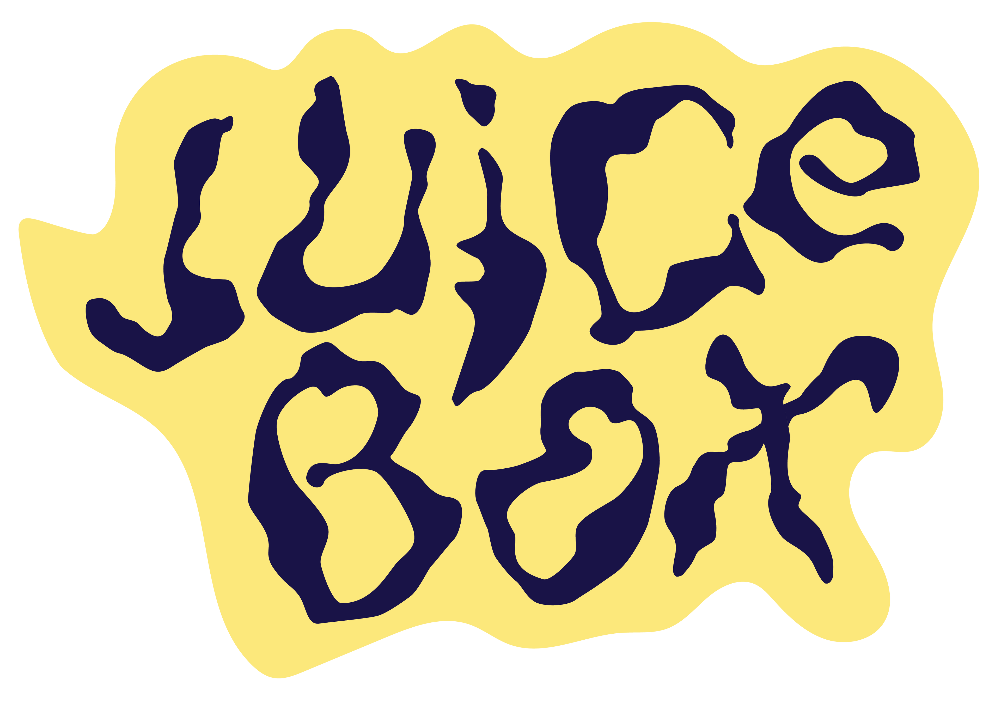Sticker with 'Juice Box' text in blue on a yellow background