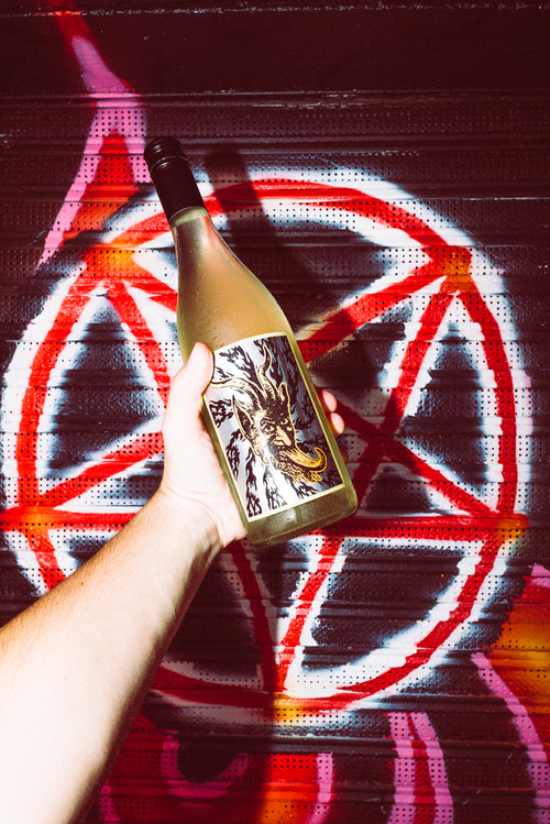 Hand holding a bottle with a graphic design against a colorful abstract background