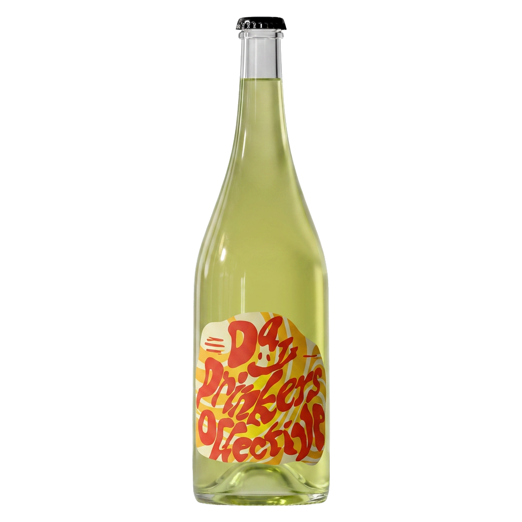 Bottle of Day Drinkers Collective wine with a colourful label on a transparent background