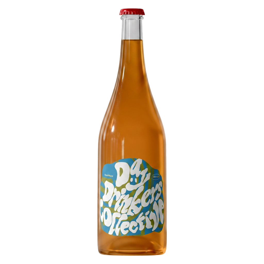 Bottle of Day Drinkers Collective wine with a colourful label on a transparent background