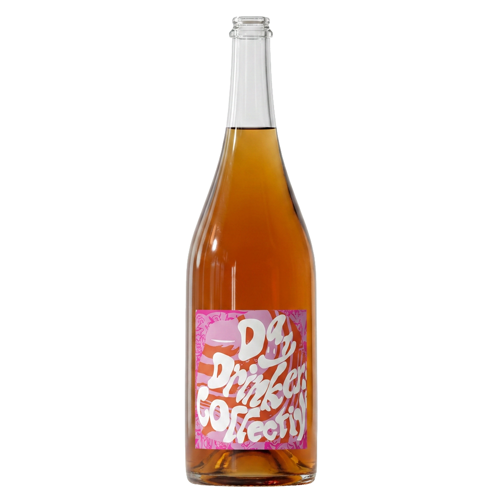 Bottle of Day Drinkers Collective wine with a colourful label on a transparent background