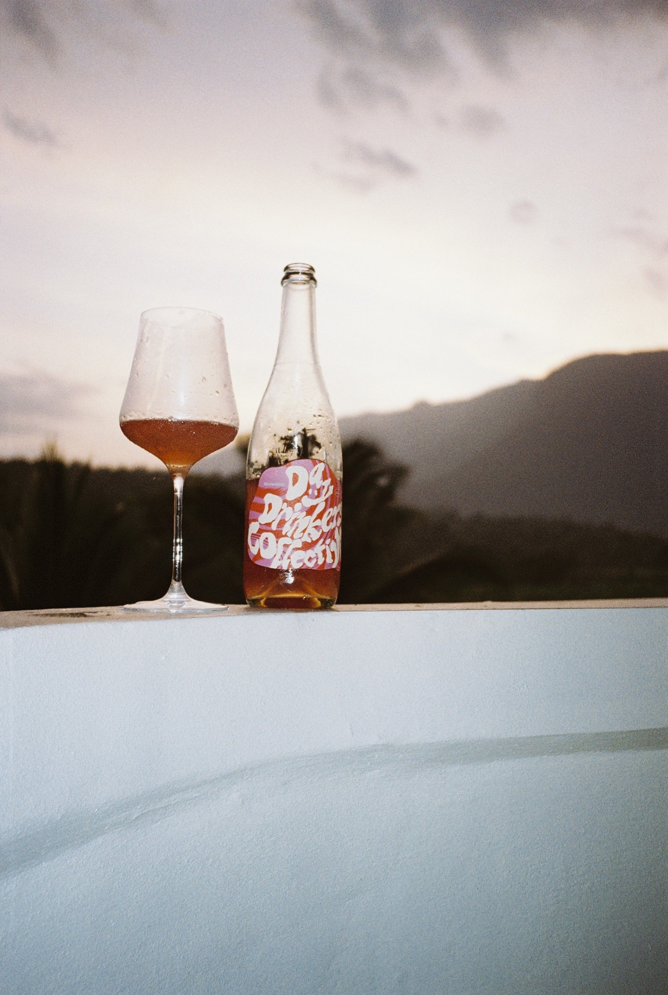 A bottle of Day Drinkers wine with a wine glass next to it and a scenic background
