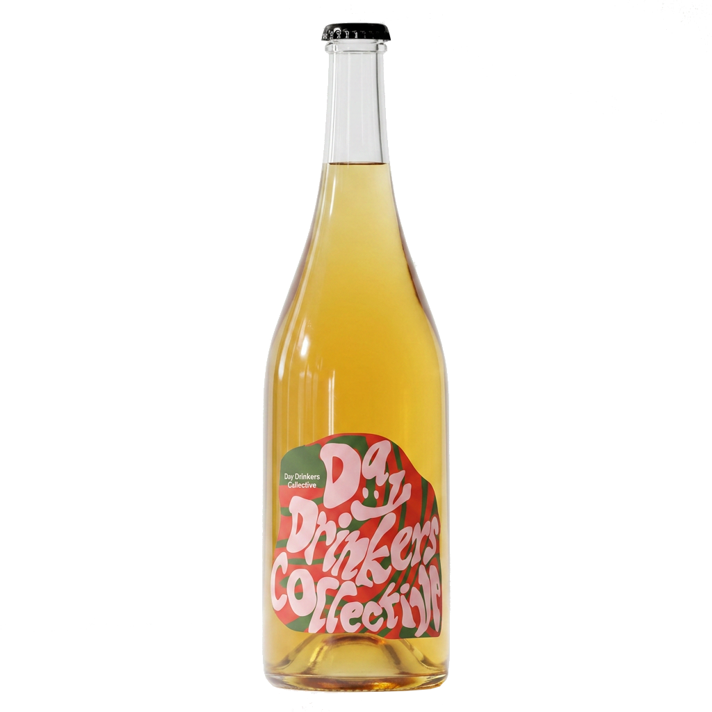 Bottle of Day Drinkers Collective wine with a colourful label on a transparent background