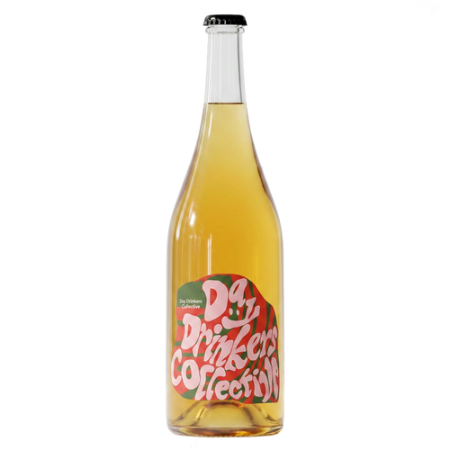 Bottle of Day Drinkers Collective wine with a colourful label on a transparent background